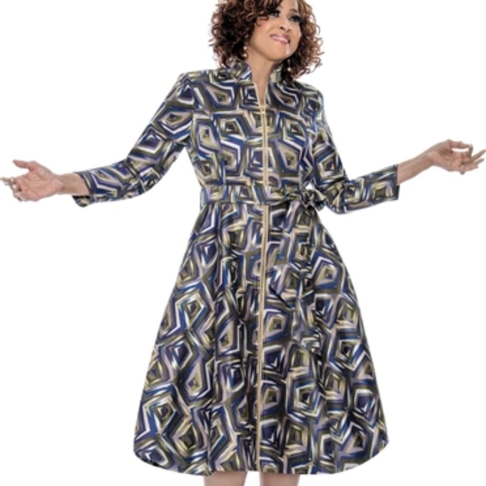 Dorinda Clark Cole 309111 Zip Up Jacquard Balloon Dress with Sash Belt